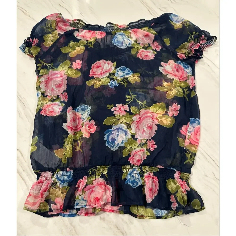 Abercrombie & Fitch Floral Chiffon Blouse M Navy Pink Ruffle Coquette Y2K